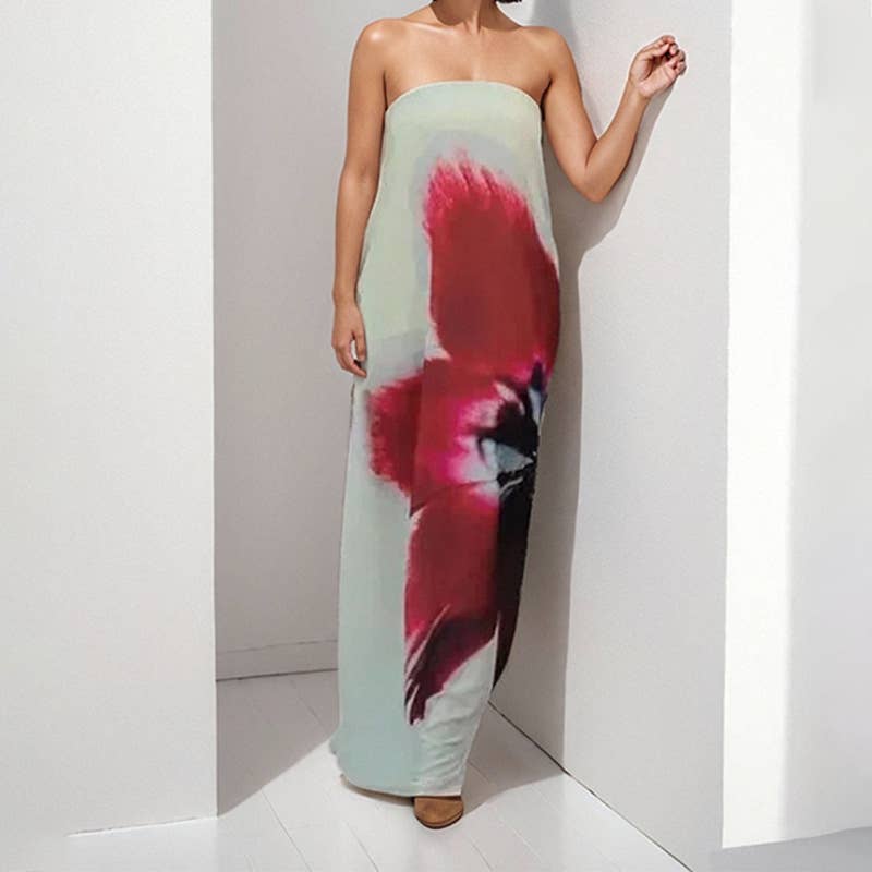 Fashion floral strapless high-waist maxi dress