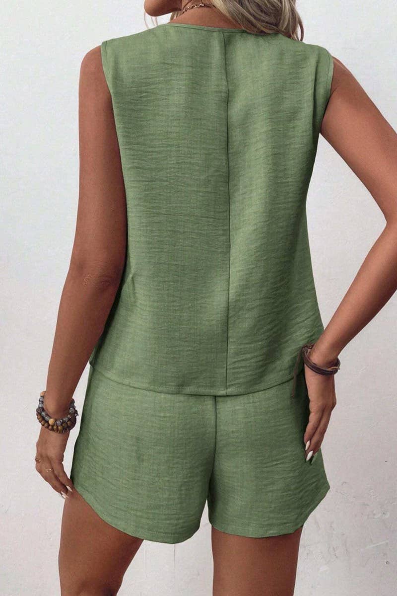 CWSS1088_SOLID COLOR V-NECK IRREGULAR VEST SHORTS SET