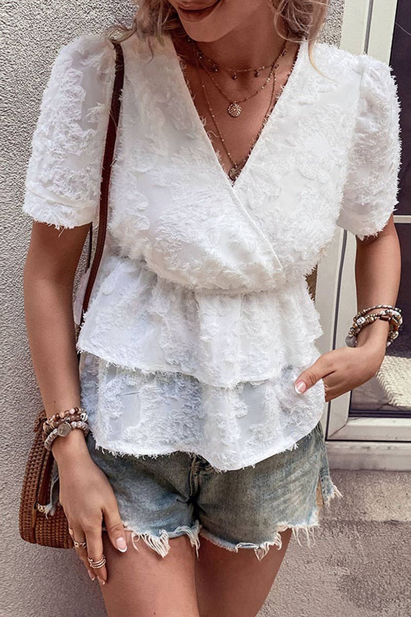 CWTBLS0380_Deep V-Neck Wrap Short Sleeve Detailed Tiered Top