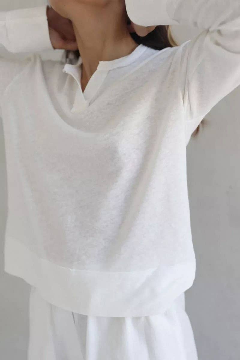 CWSPJ0366_KNITTED WHITE LONG-SLEEVED TROUSERS PAJAMA SET