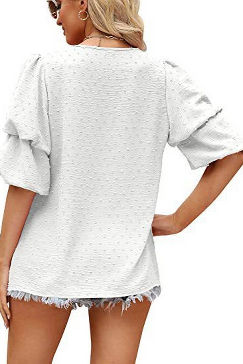 CWTBLS02488_V-NECK LANTERN SLEEVE DOT CHIFFON TOP