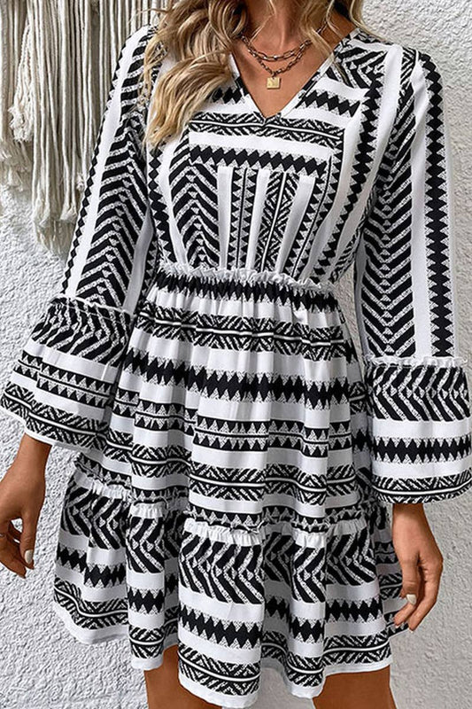 CWDSD1997_V-neck long-sleeve ruffled pleated mini dress