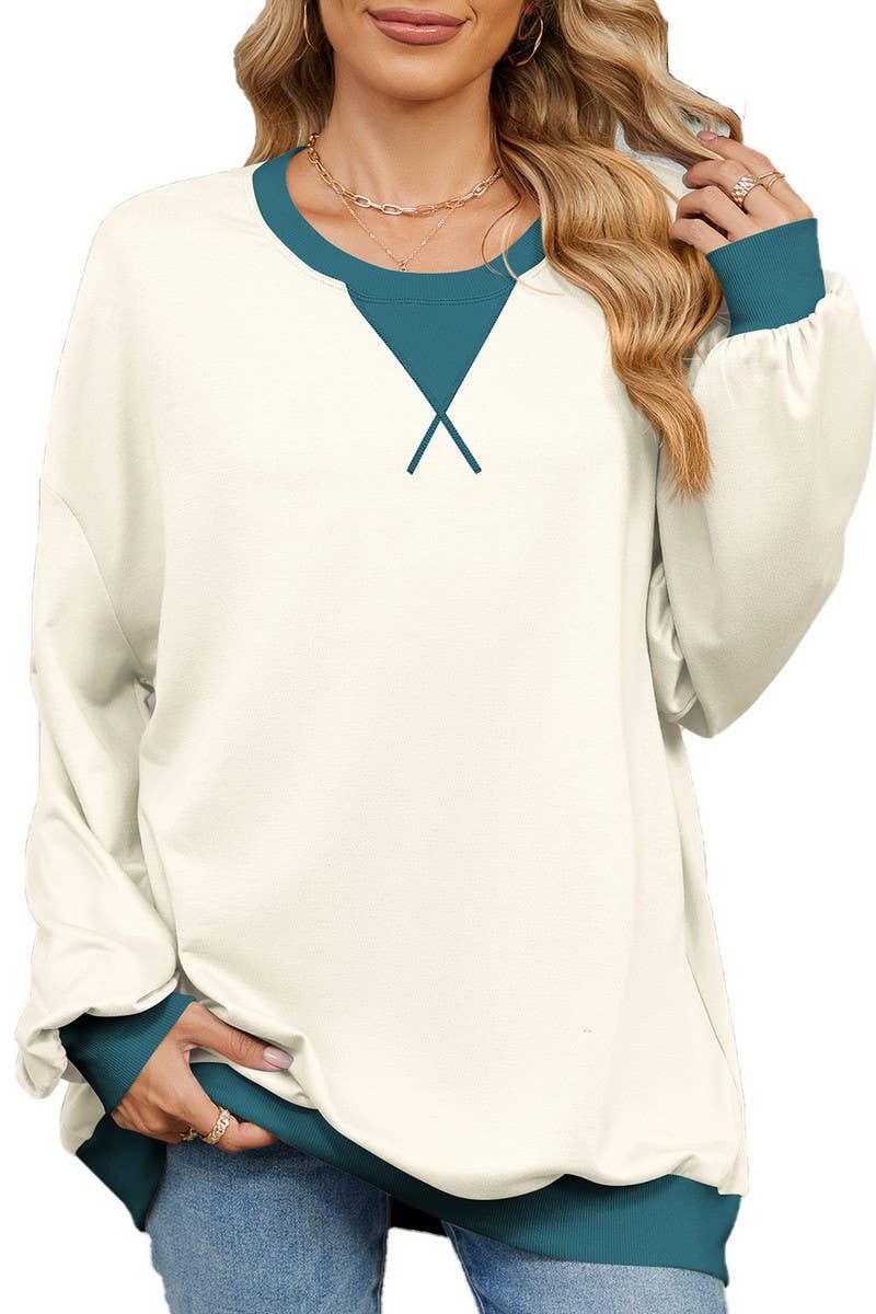CWTBLL3743_AUTUMN AND WINTER CONTRAST COLOR LOOSE SWEATSHIRT