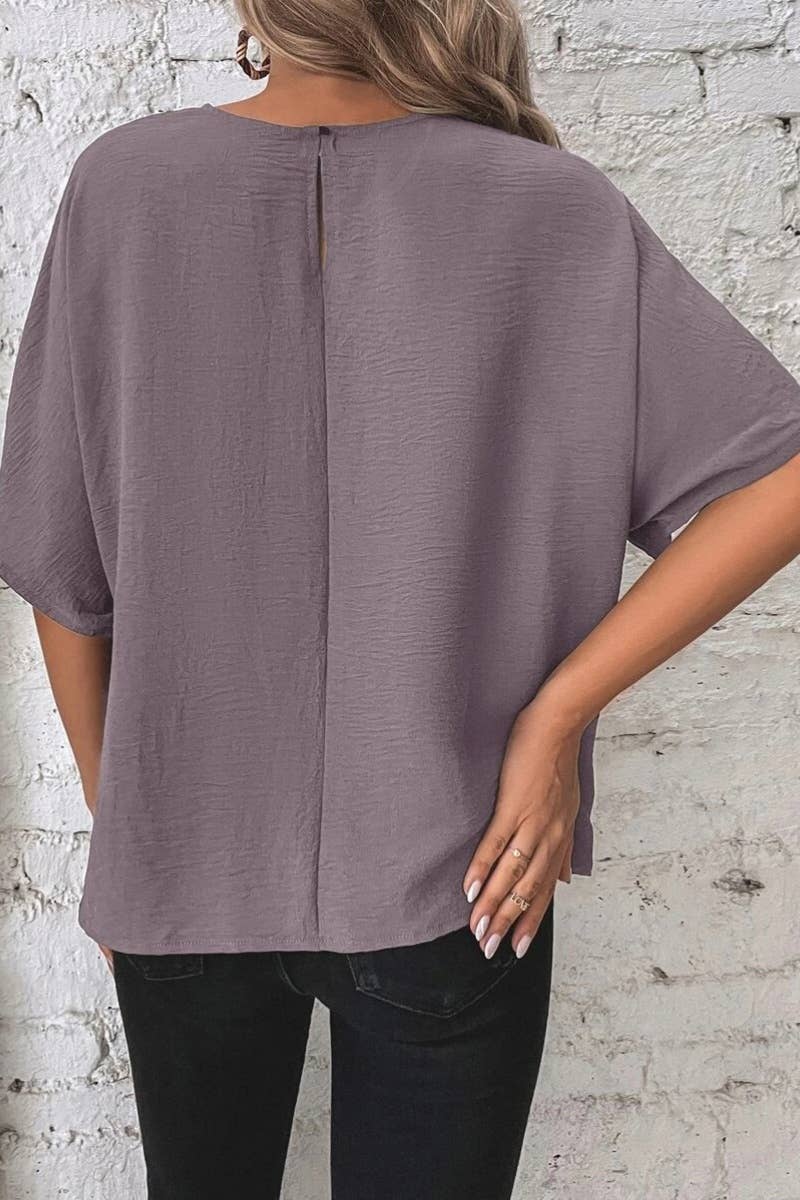 CWTBLS1135_SOLID SUMMER KNOTTED BAT SLEEVE TOP