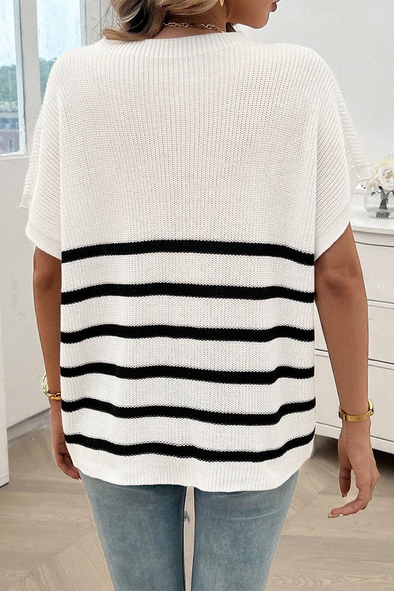 CWOSWS0077_CREW NECK STRIPED CONTRAST SHORT SLEEVE SWEATER