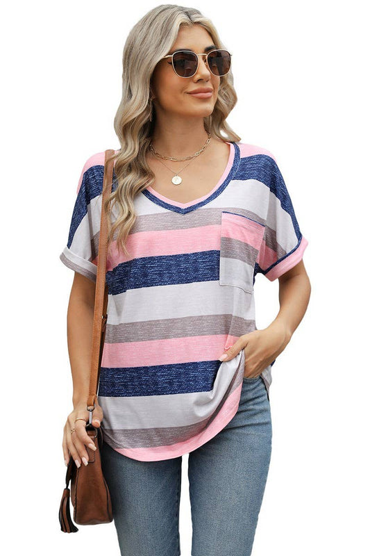 CWTBLS1703_V-NECK PRINTED STRIPED BAT SLEEVE T-SHIRT TOP