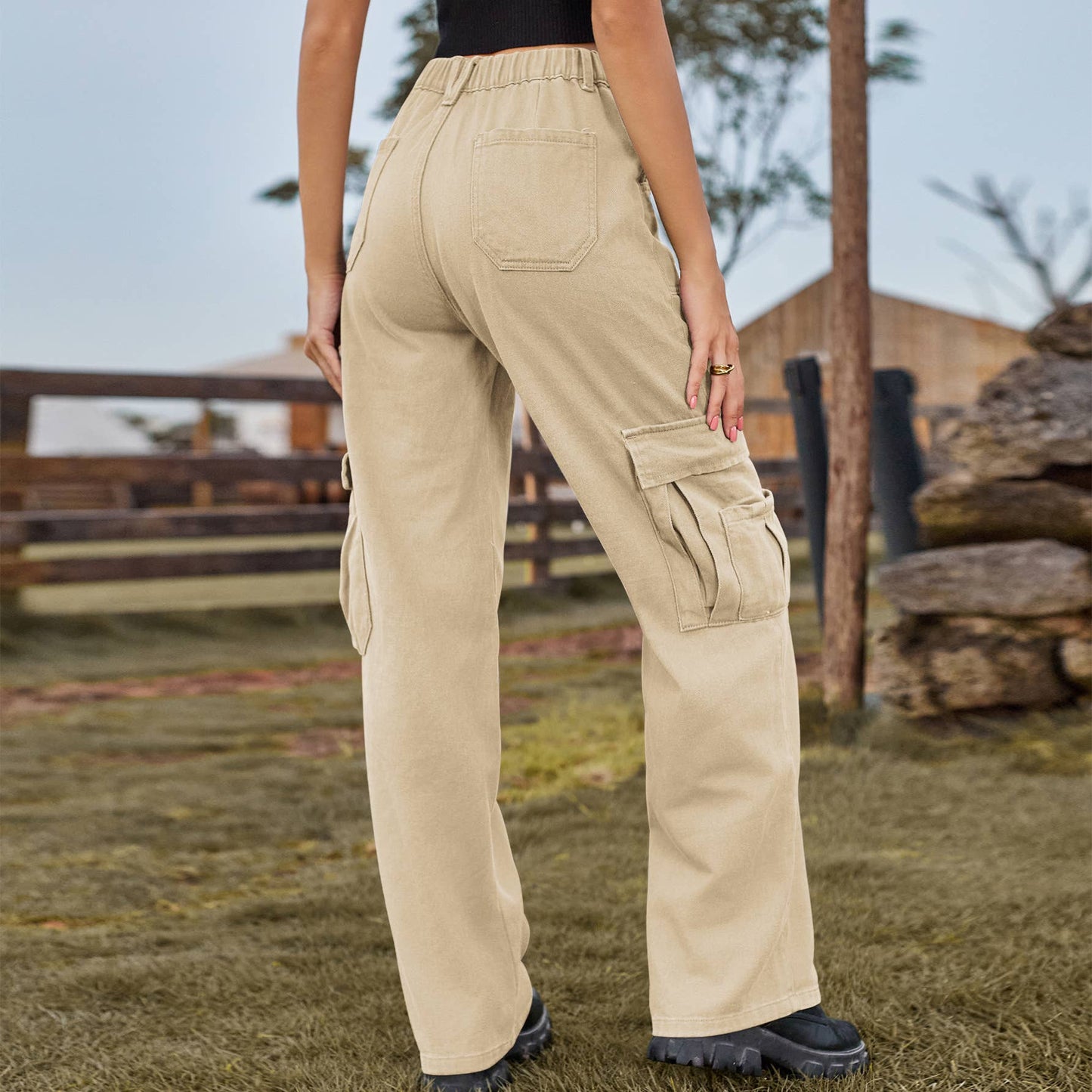 ELASTIC-WAISTED DENIM CASUAL CARGO PANTS