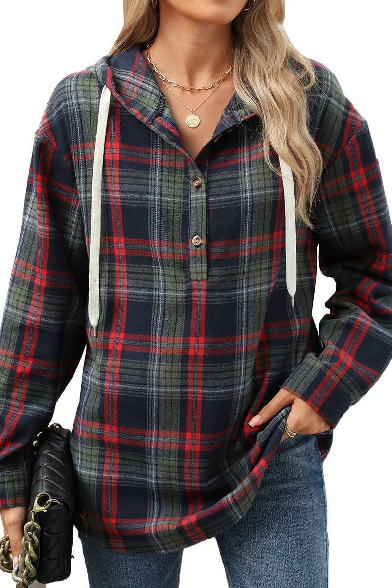 CWOHOL00663_PLAID DRAWSTRING HOODED LOOSE SWEATSHIRT