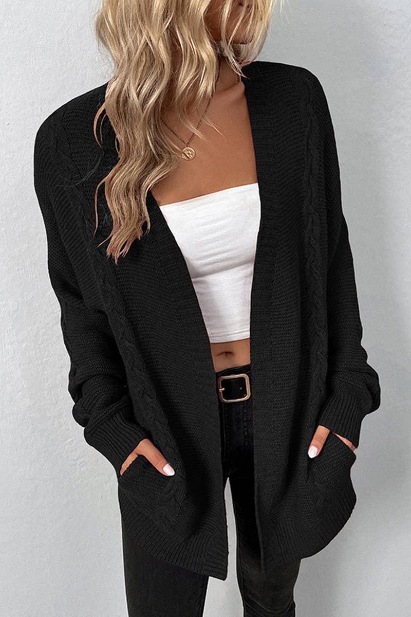 CWOSWL2936_SOLID COLOR CABLE KNITTED POCKET CARDIGAN