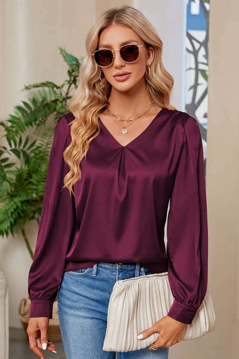 CWTBLL2445_SATIN V-NECK PLEATED LONG-SLEEVED SHIRT TOP