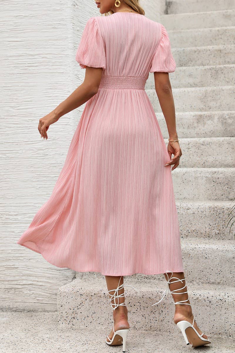 CWDMD5323_SOLID TEXTURED V-NECK DRESS WITH FRONT SLIT