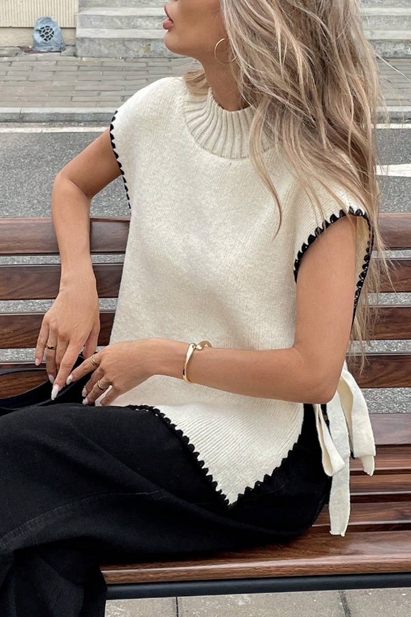 CWOV0714_SUMMER KNIT SLEEVELESS VEST WITH BOW TIE