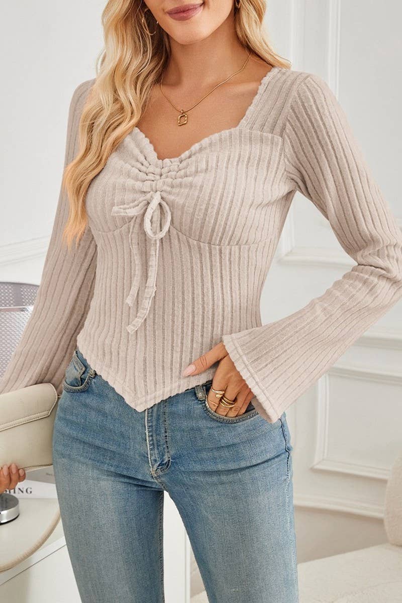 CWTBLL3196_PLEATED LONG-SLEEVED CROPPED TOP T-SHIRT
