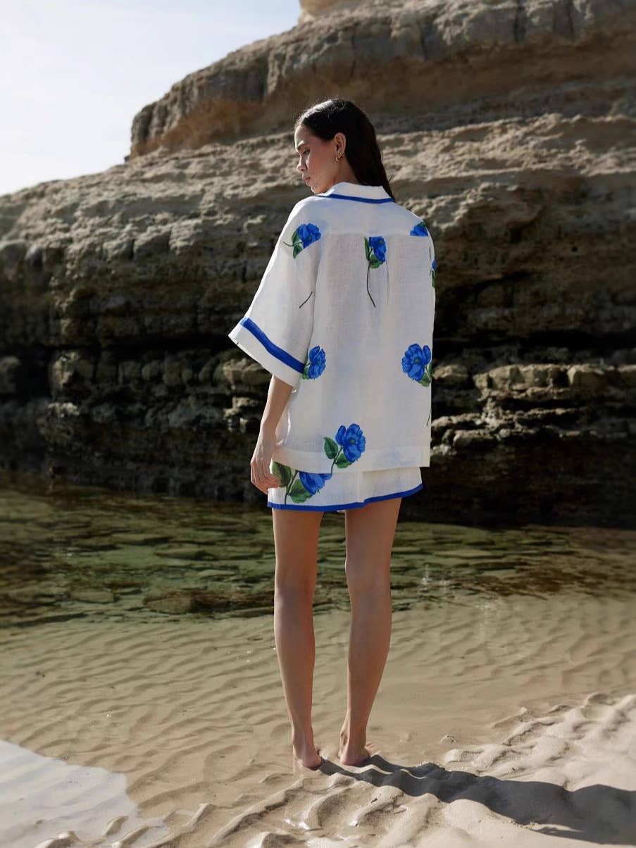 Casual linen shirt collar wrap hip skirt set