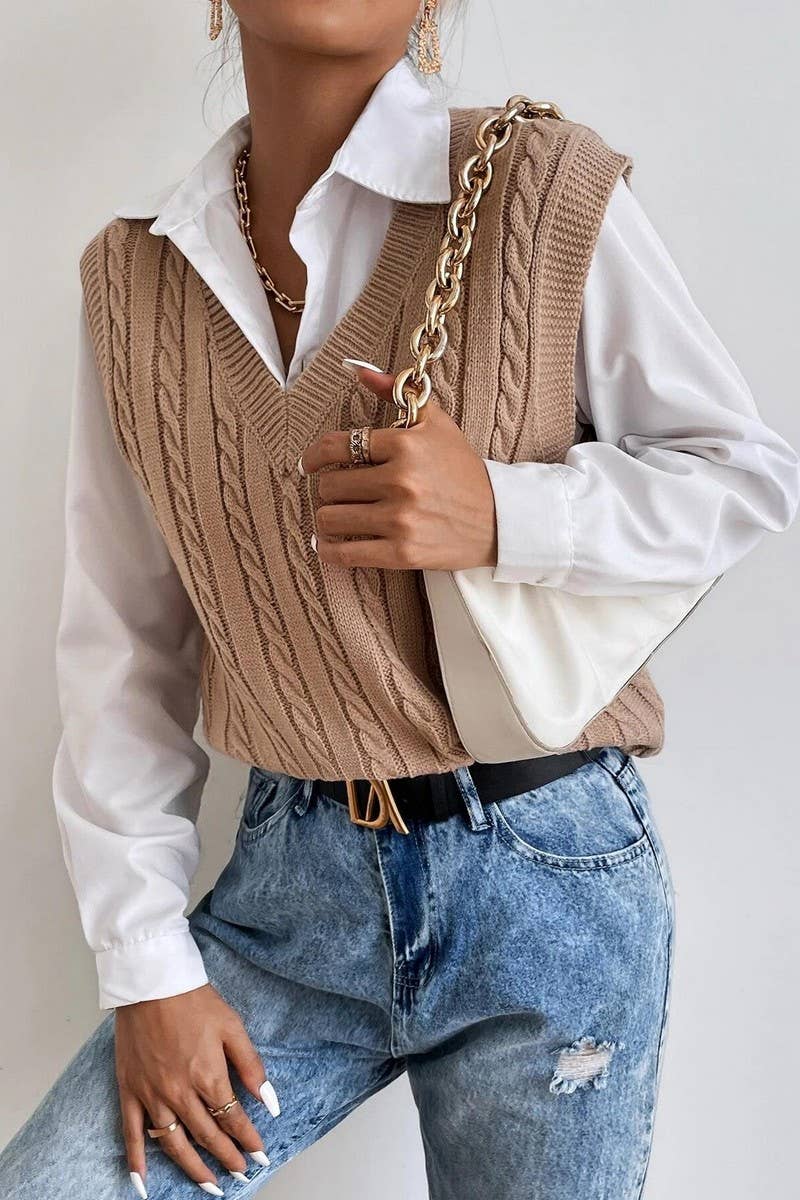 CWOV0577_V-NECK SOLID COLOR CABLE KNIT SWEATER VEST
