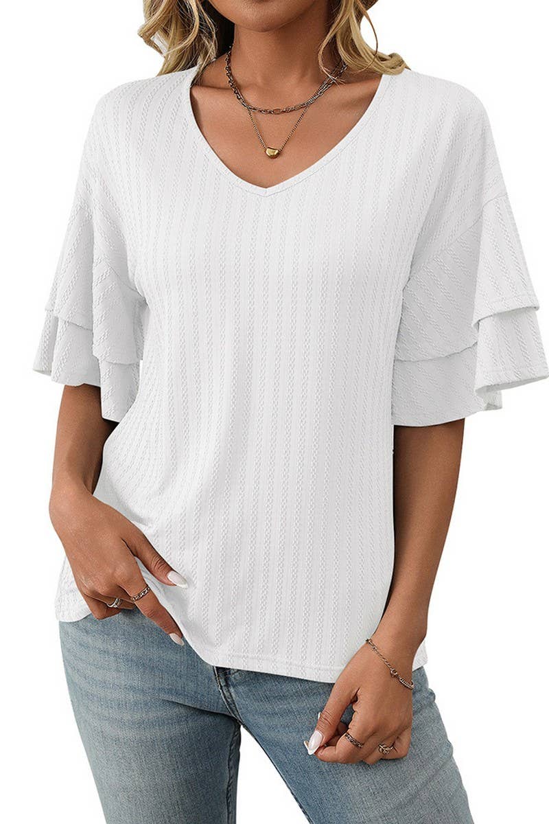 CWTBLS1713_SOLID COLOR V-NECK LOTUS SLEEVE T-SHIRT TOP