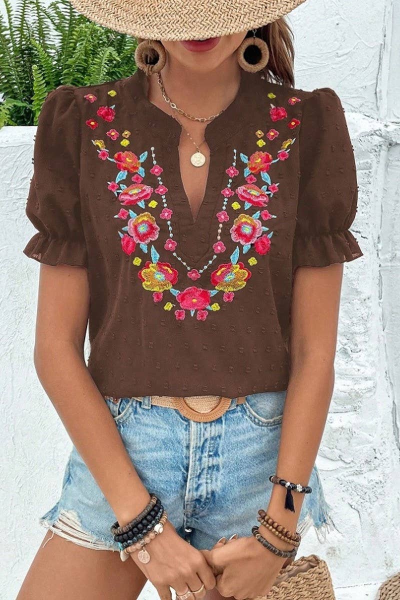 CWTBLS2270_V-NECK FLORAL EMBROIDERED PUFF SLEEVE CHIFFON TOP