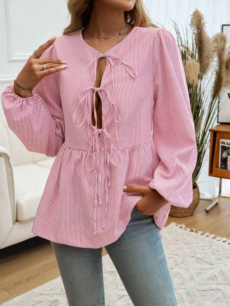 CASUAL LOOSE STRIPED LACE-UP SHIRT