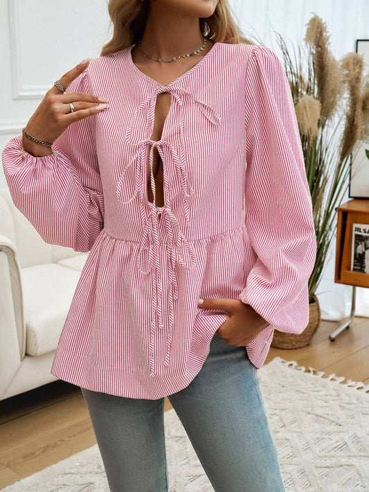 CASUAL LOOSE STRIPED LACE-UP SHIRT