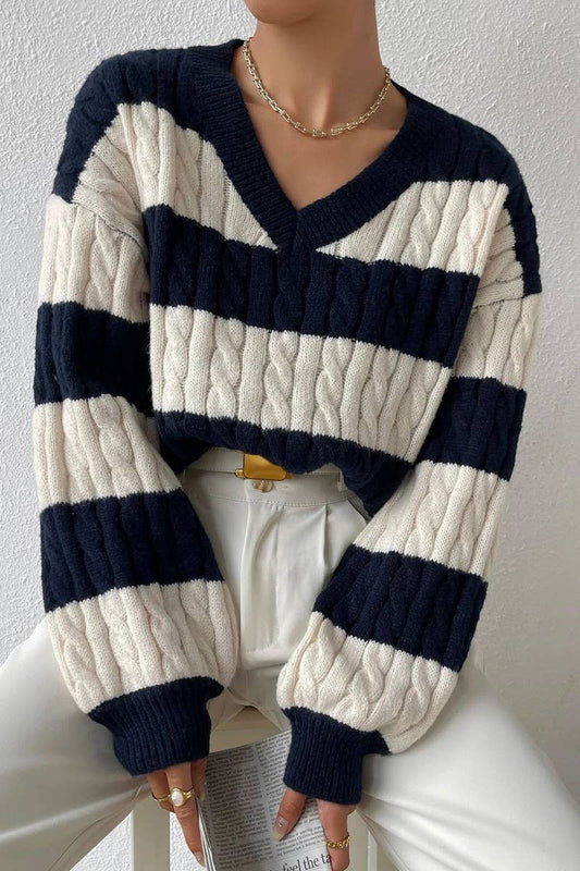 CWOSWL5736_V-NECK CABLE-KNIT CONTRAST STRIPED SWEATER
