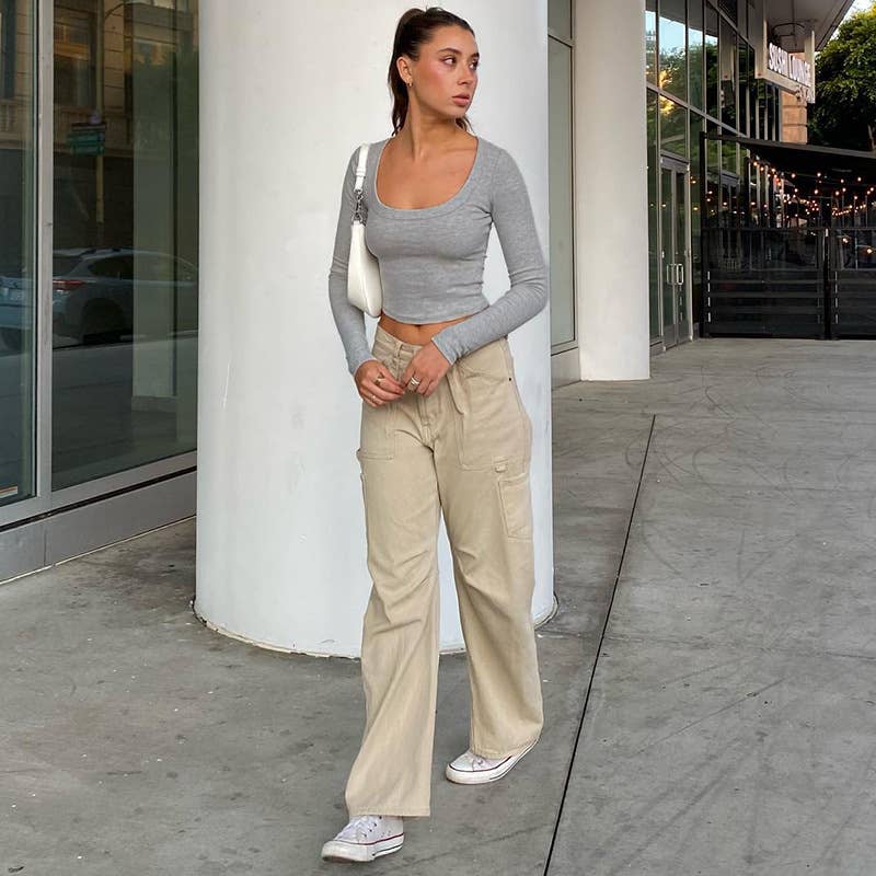CASUAL SOLID COLOR TIGHT LONG-SLEEVED CROP TOP