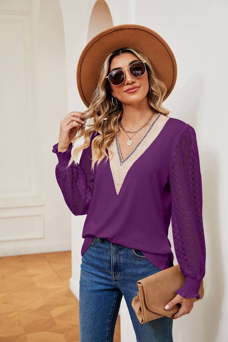 CWTBLL3665_V-NECK LACE PATCHWORK LONG SLEEVED LOOSE TOP