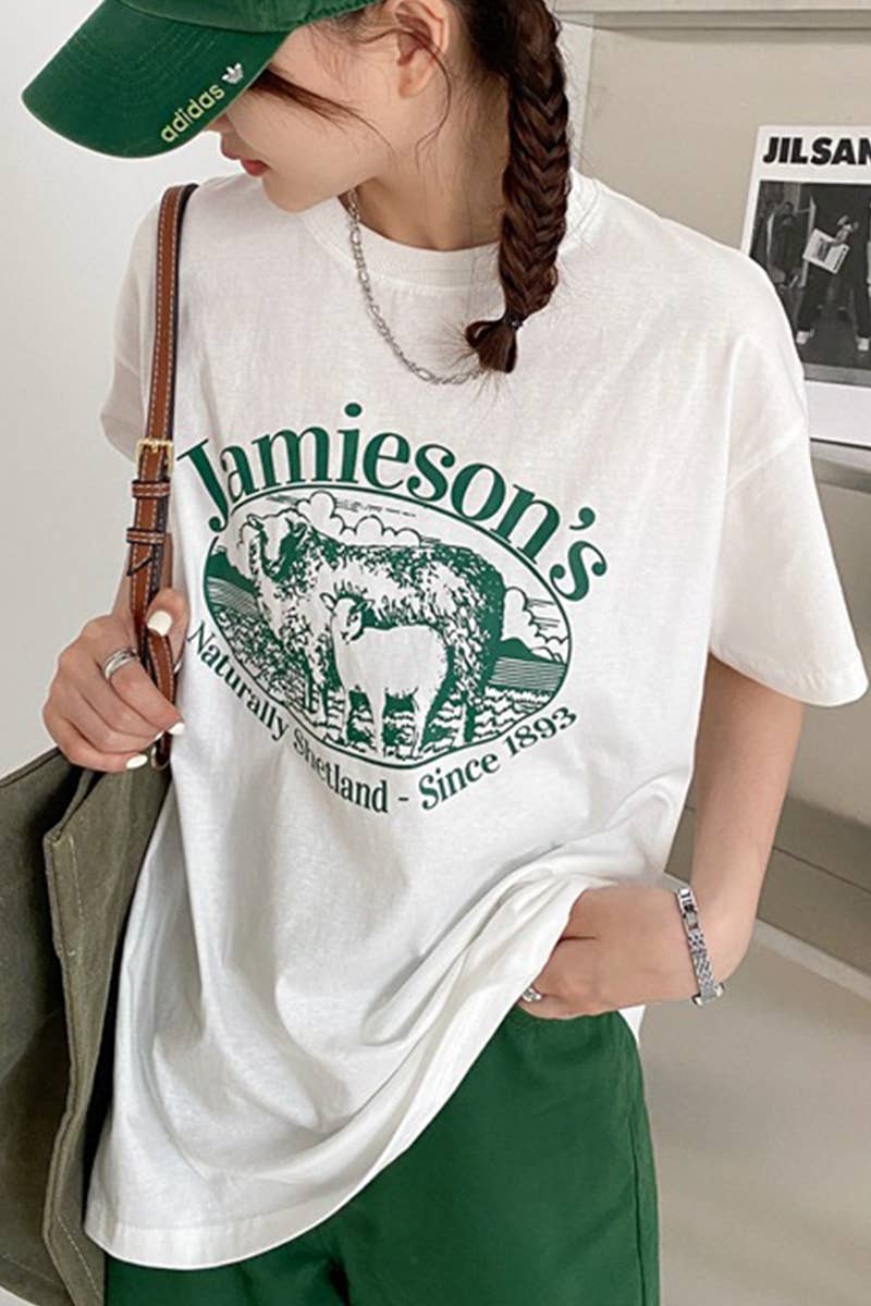 CWTTS1003_LAMB PRINT ROUND NECK SHORT SLEEVED T SHIRT