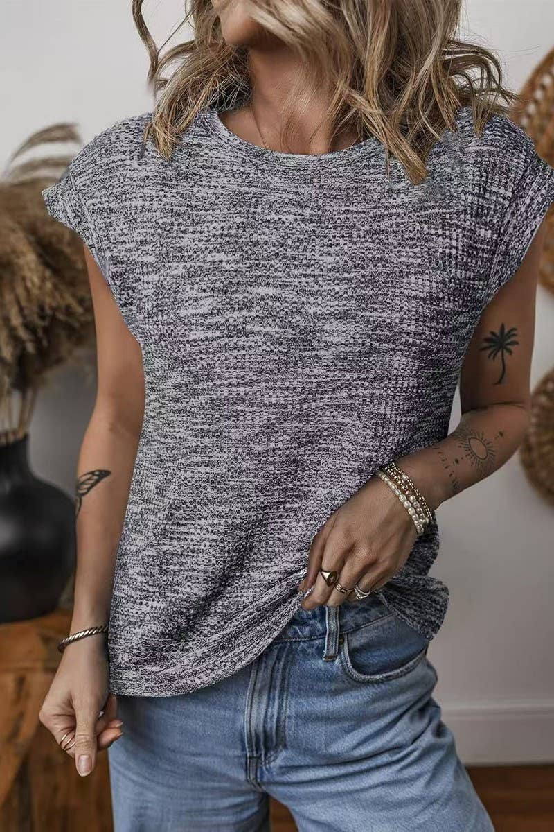 CWTBLS1770_WAFFLE CREW NECK SOLID COLOR SHORT SLEEVE TOP
