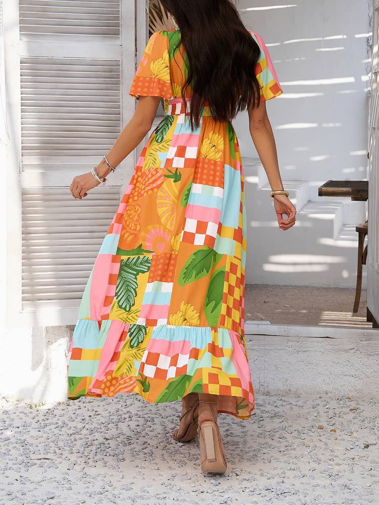 Bohemian Floral V-Neck High-Waist Dress