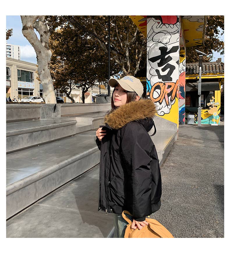 American retro hooded wool-neck coat