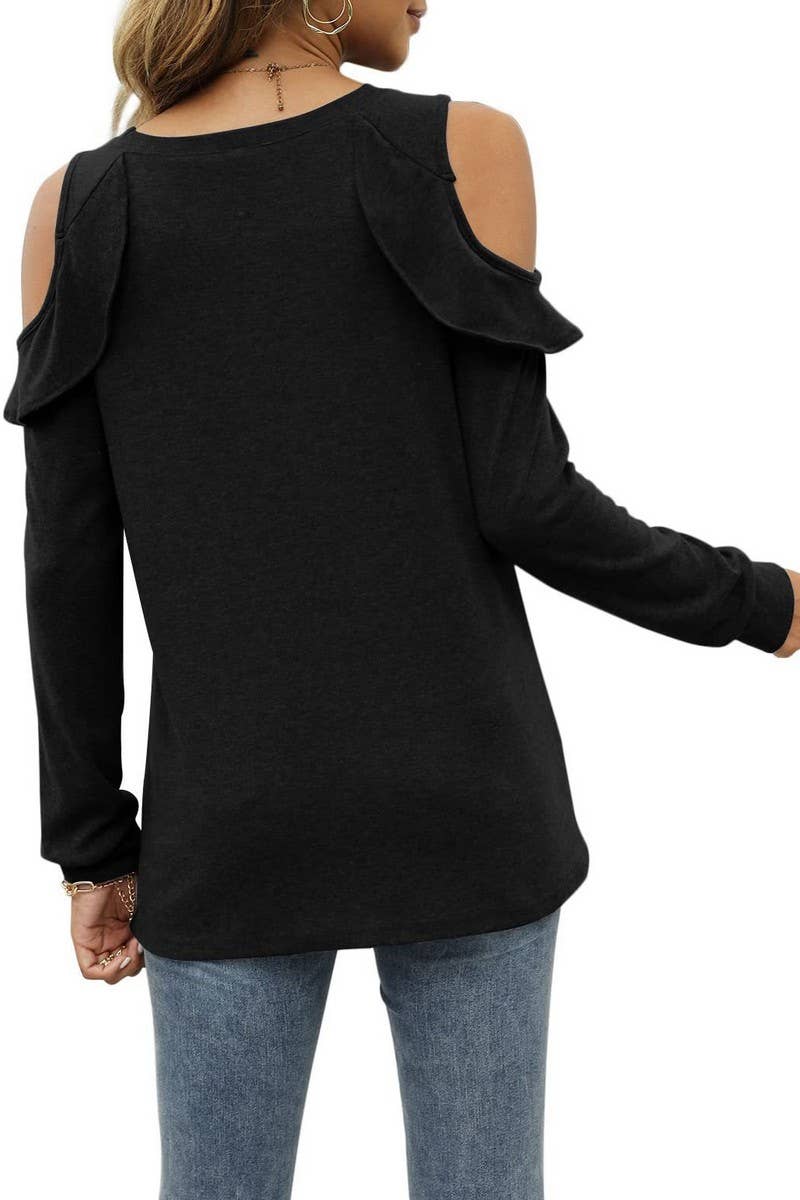 CWTBLL2671_ROUND NECK OFF-SHOULDER RUFFLED LOOSE TOP