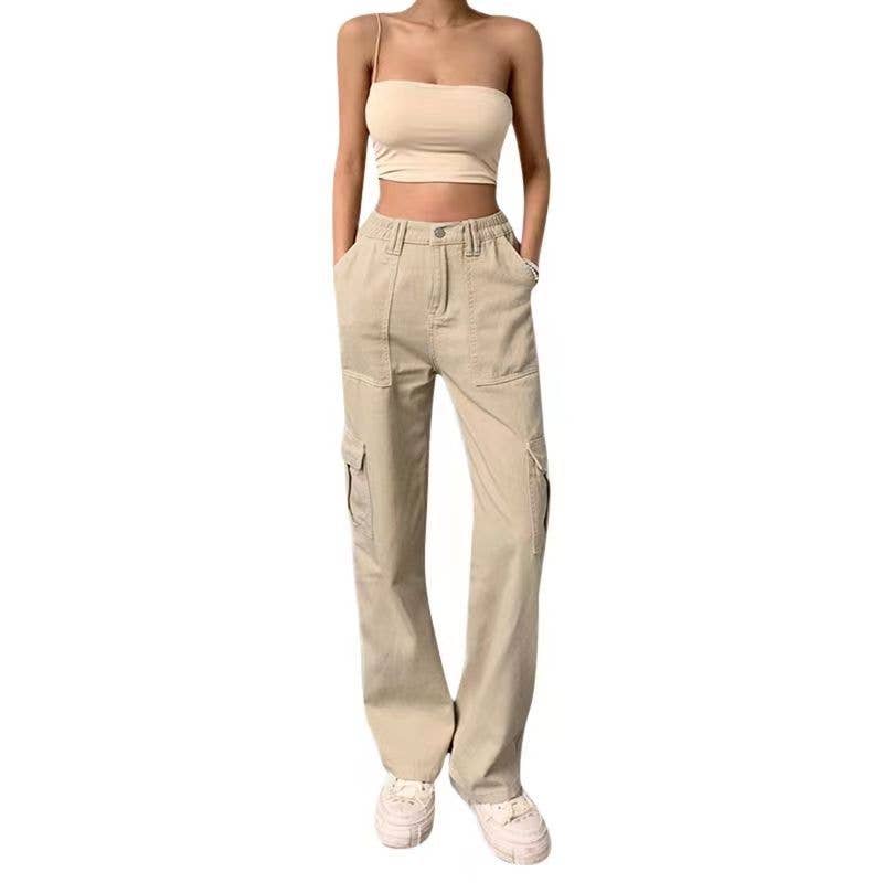 Fitted high-waisted multi-pocket work pants