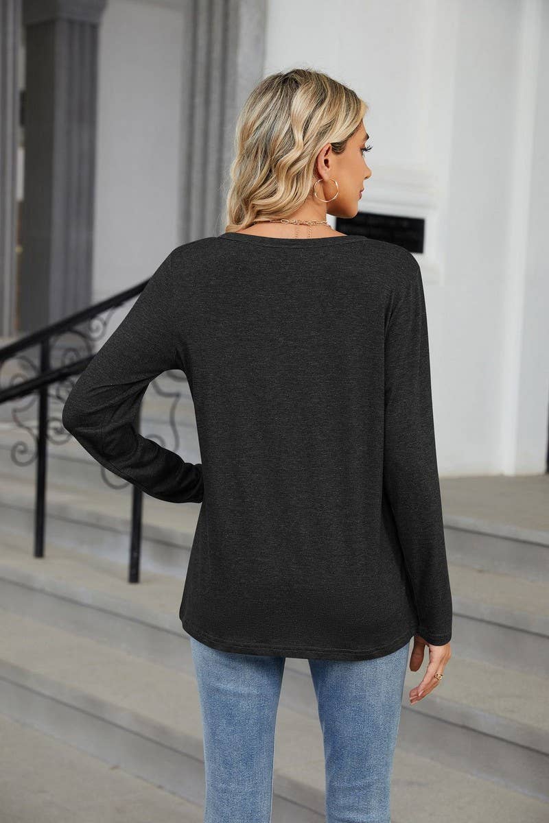 CWTBLL2369_V-NECK SOLID COLOR LOOSE LONG-SLEEVED T-SHIRT