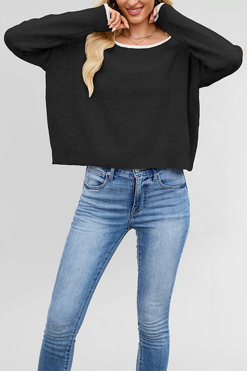 CWOSWL7019_ROUND NECK COLORBLOCK LOOSE PULLOVER SWEATER