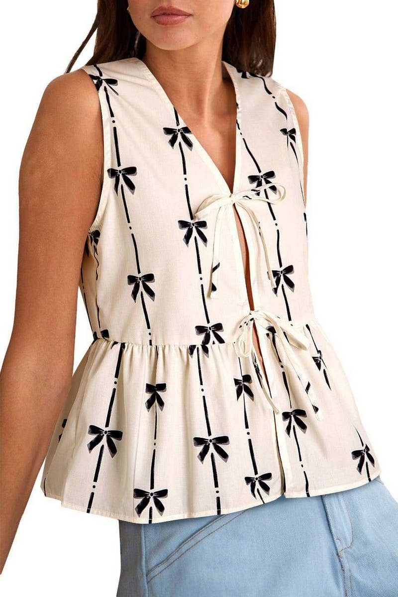 CWTBLSL0987_SUMMER NEW BOW TIE SLEEVELESS VEST SHIRT