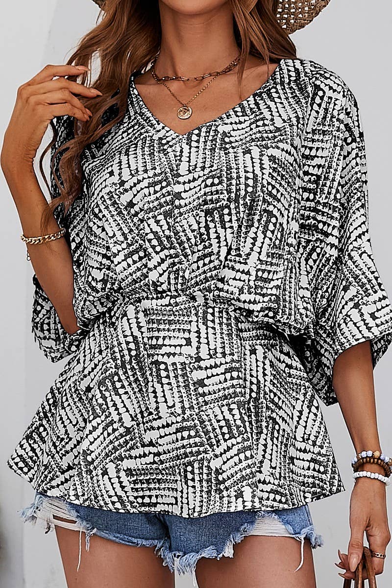 CWTBLS0354_V Neck Print Short Sleeve Blouse