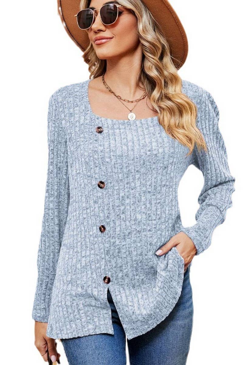 CWTBLL2372_SQUARE COLLAR BUTTON-DOWN LONG SLEEVE LOOSE TOP