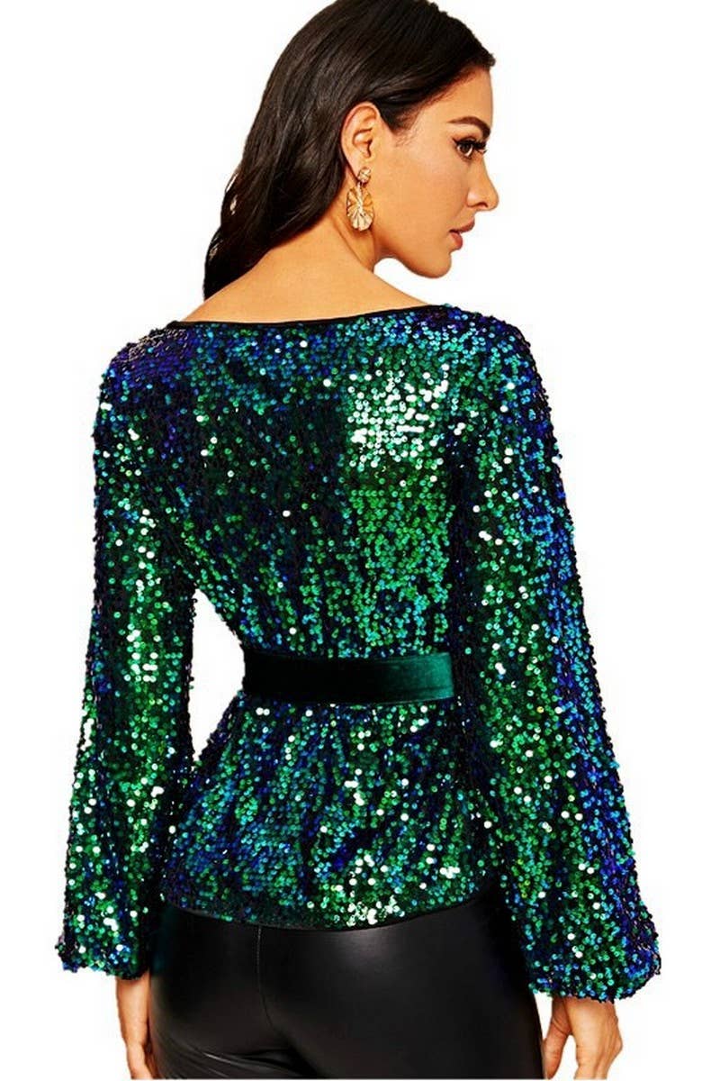 CWTBLL3459_VELVET BELTED SEQUINED LONG SLEEVE PULLOVER