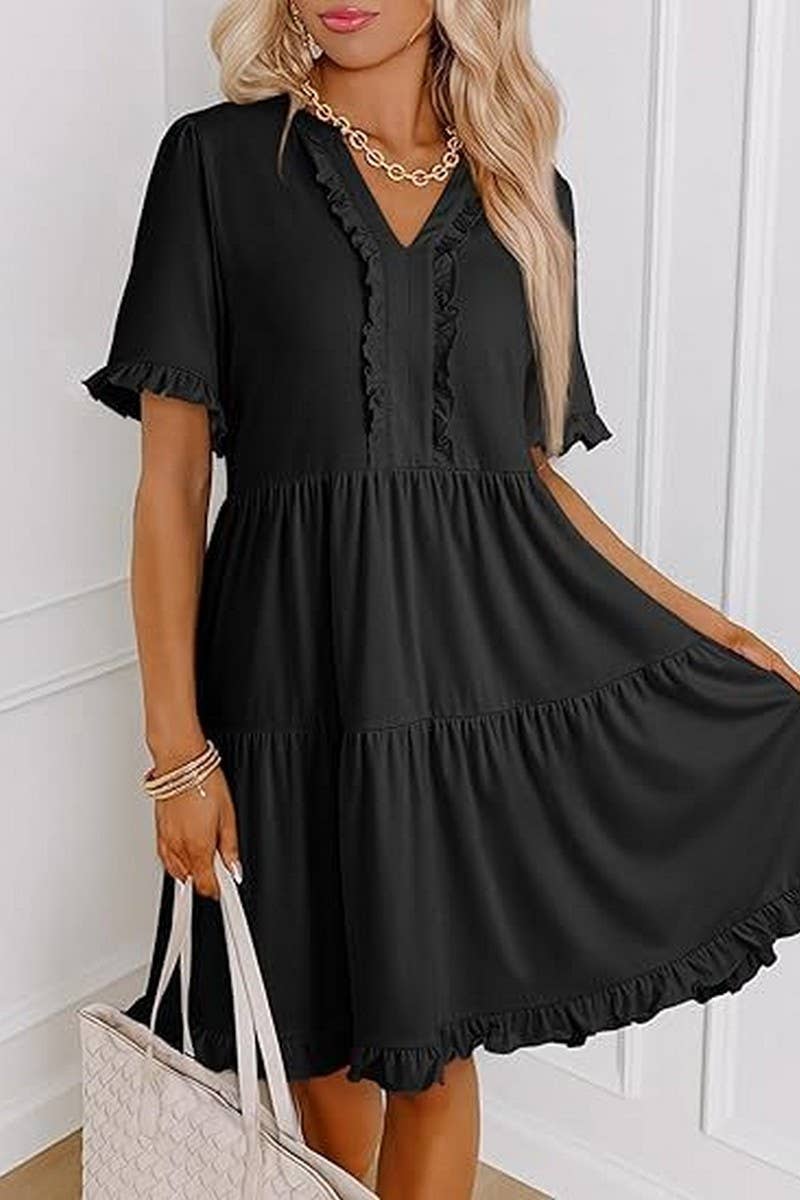 CWDSD8780_V-NECK SHORT-SLEEVED CASUAL A-LINE RUFFLED MINI DR
