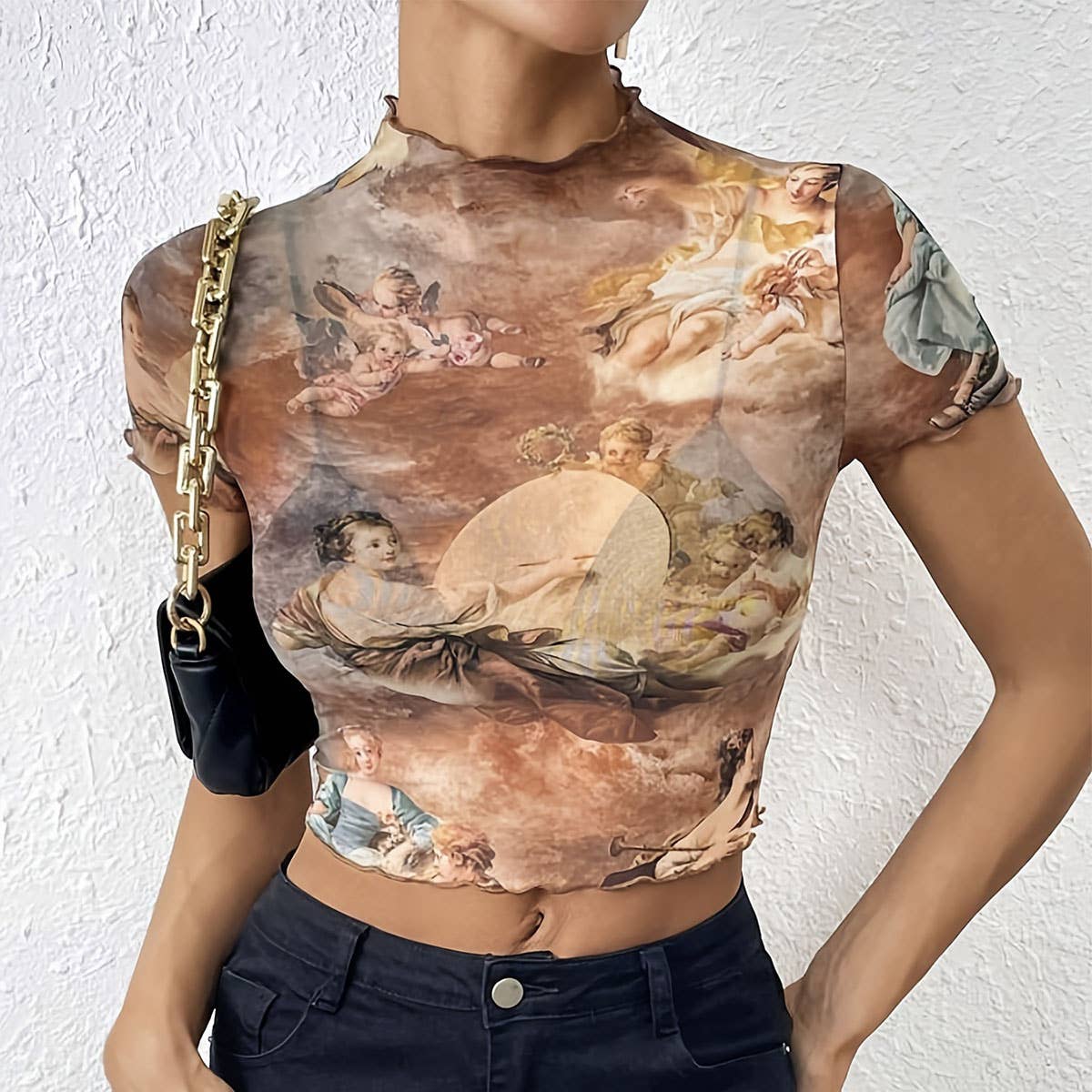 FLORAL PRINT MESH TOP WITH RUFFLE DETAILING