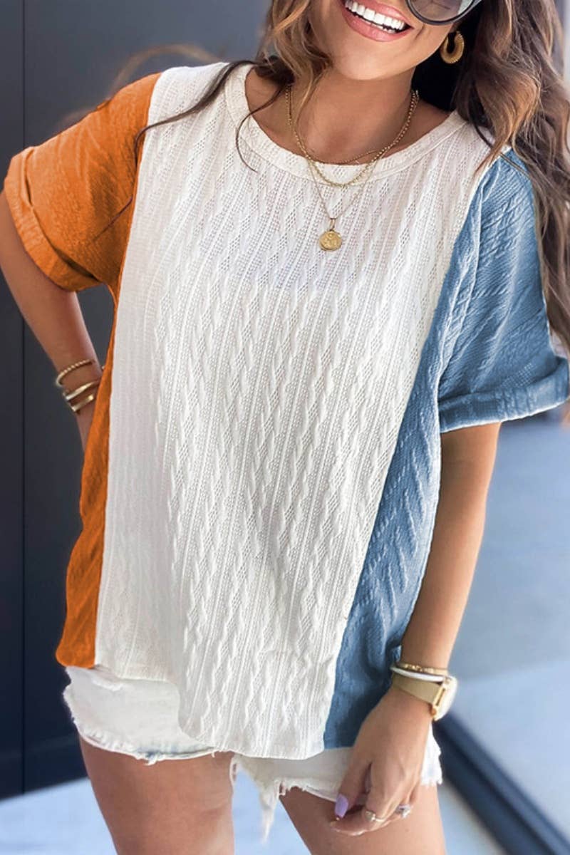 CWTBLS1373_STYLISH CREW NECK SHORT SLEEVE COLOR CONTRAST TOP