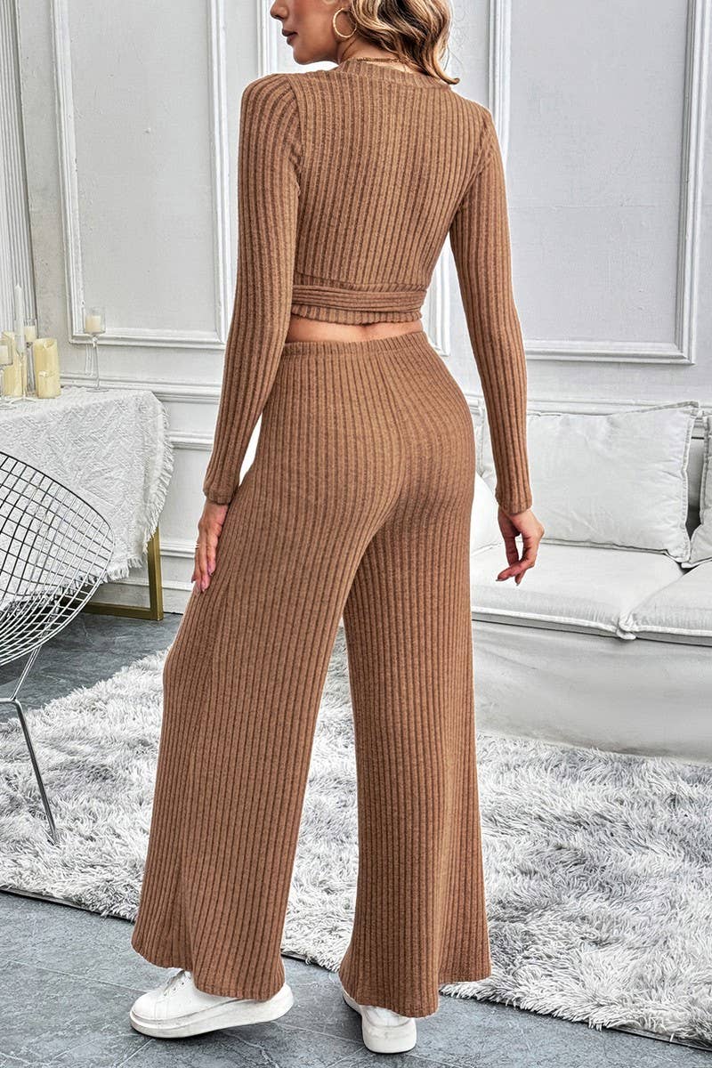 CWSTB1071_V-NECK LONG-SLEEVED SOLID COLOR TEXTURE SUIT