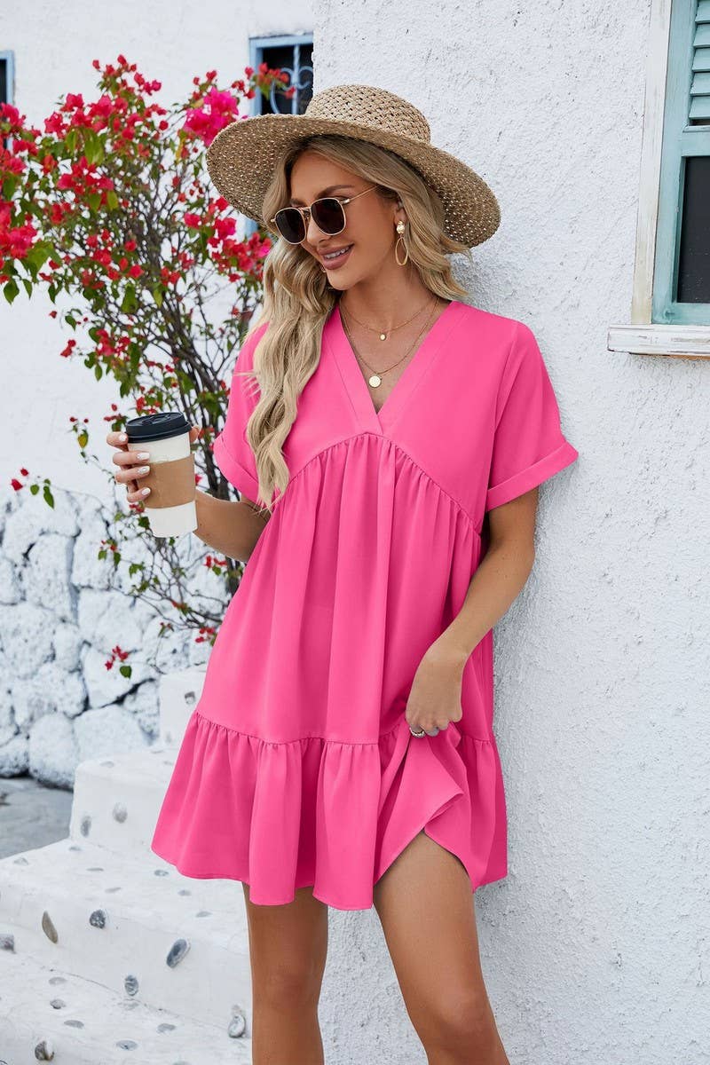 CWDSD3113_V Neck Tiered Short Sleeve Dress