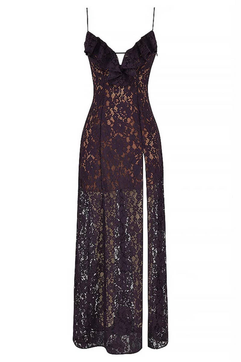 CWDMD5653_LACE DEEP V SPAGHETTI STRAP SLEEVELESS SLIT DRESS