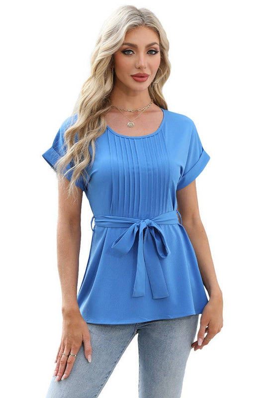 CWTBLS1698_TIE-UP RUFFLED CREW NECK SHORT-SLEEVED TOP