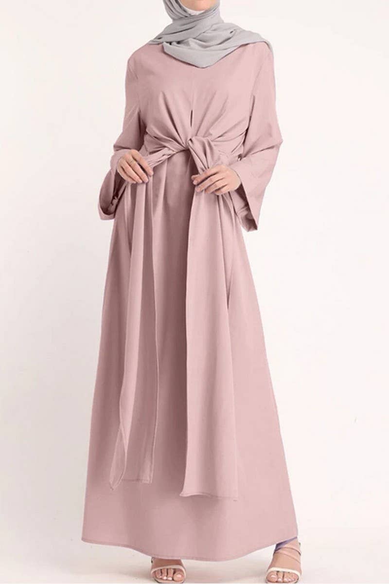 CWDMD3262_MUSLIM SOLID COLOR BELTED ROBE DRESS