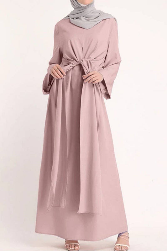 CWDMD3262_MUSLIM SOLID COLOR BELTED ROBE DRESS