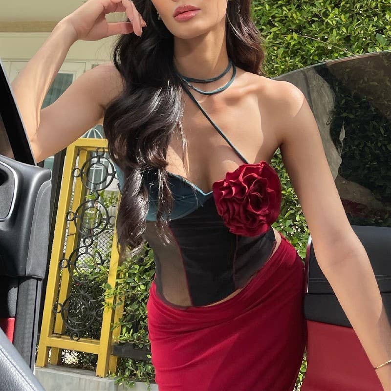 Colorblock floral 3D detail strapless top