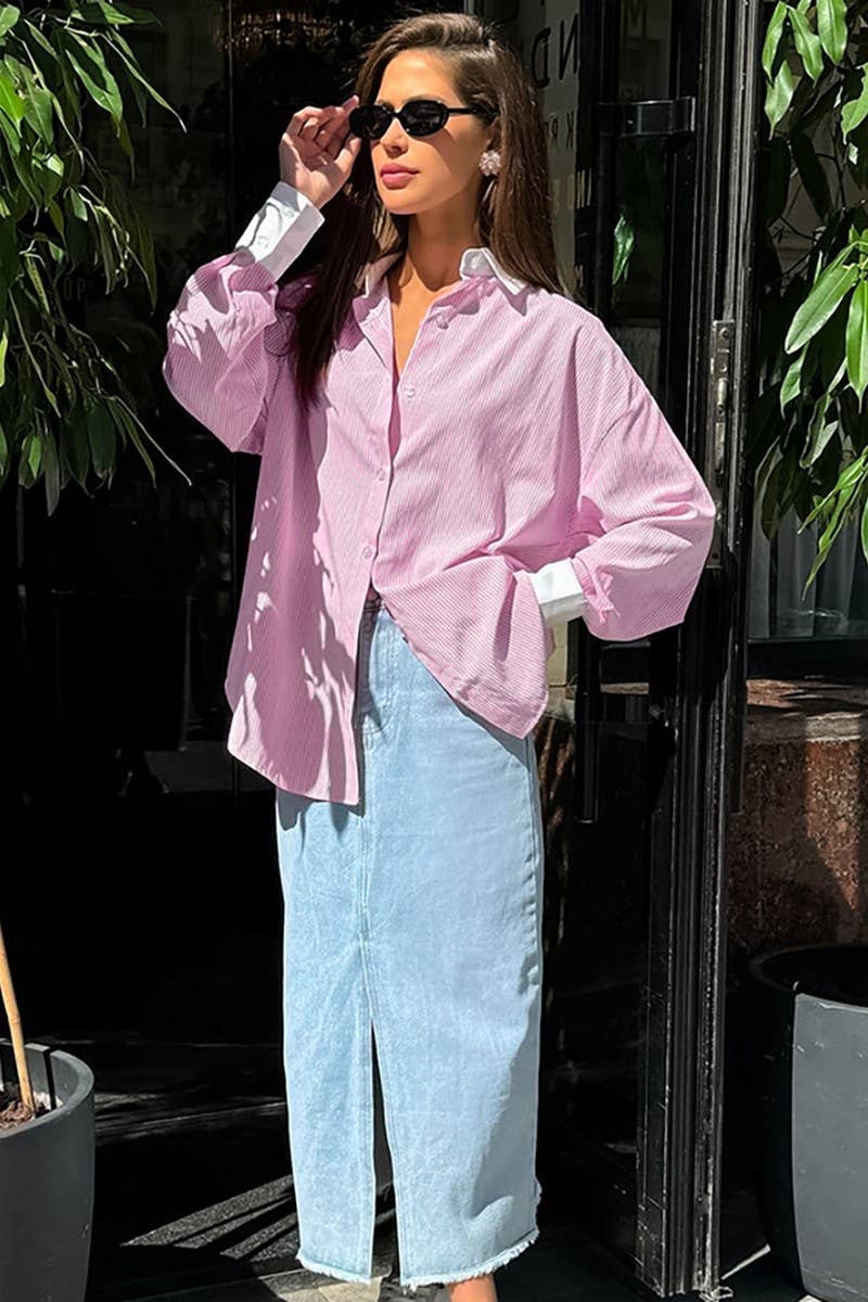 CWTBLL00575_PINK OVERSIZED STRIPED LONG-SLEEVED SHIRT