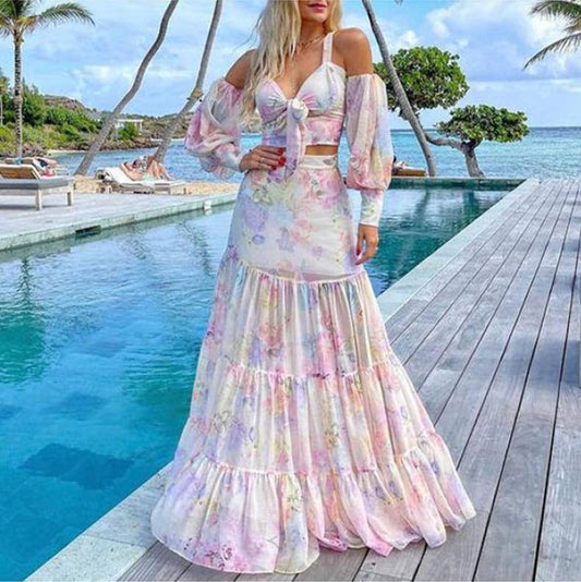 A cinched waist printed large swing halter dress